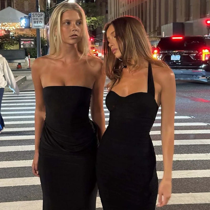 Ruched Mesh Halter Maxi Dress