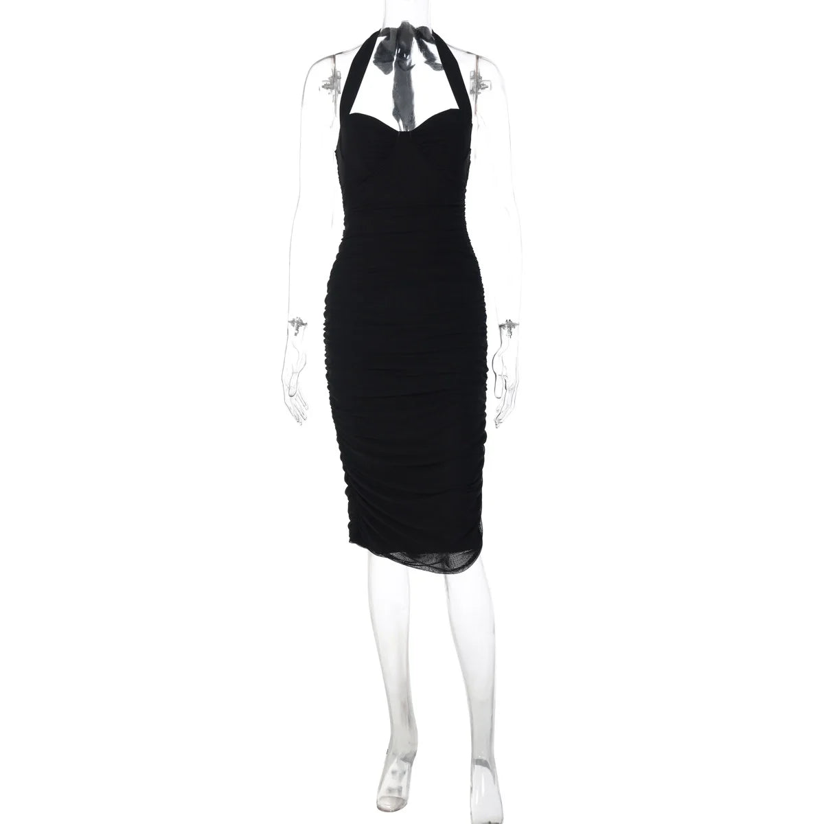 Ruched Mesh Halter Maxi Dress