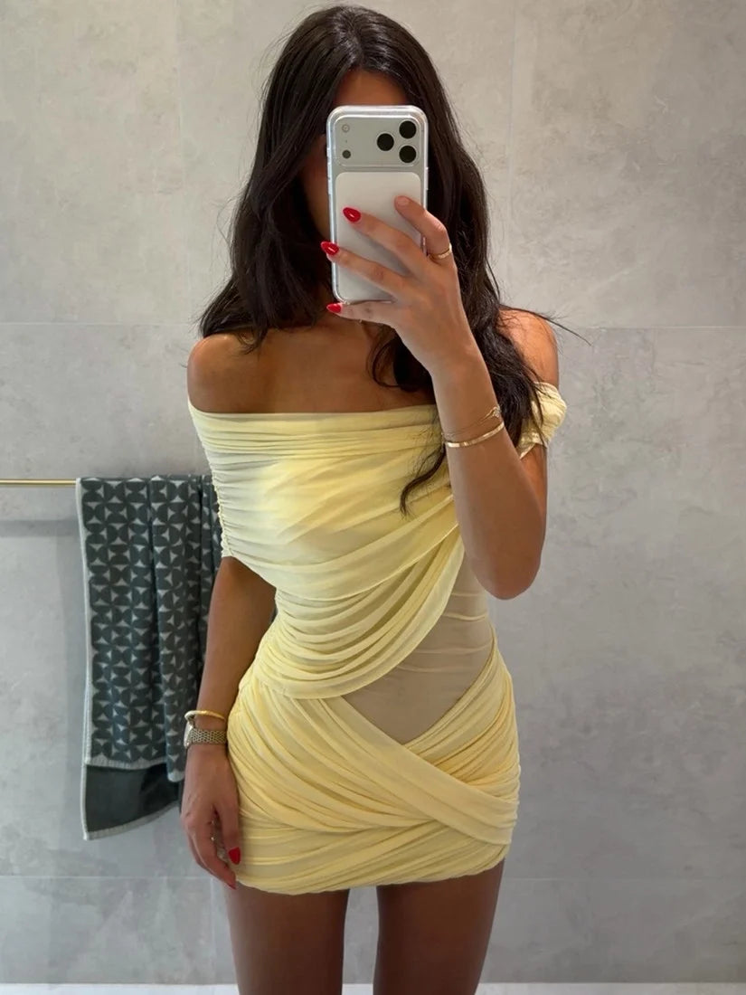 Ruched Mesh Off-Shoulder Mini Dress