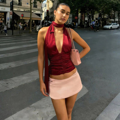 Ruched Satin Halter Top