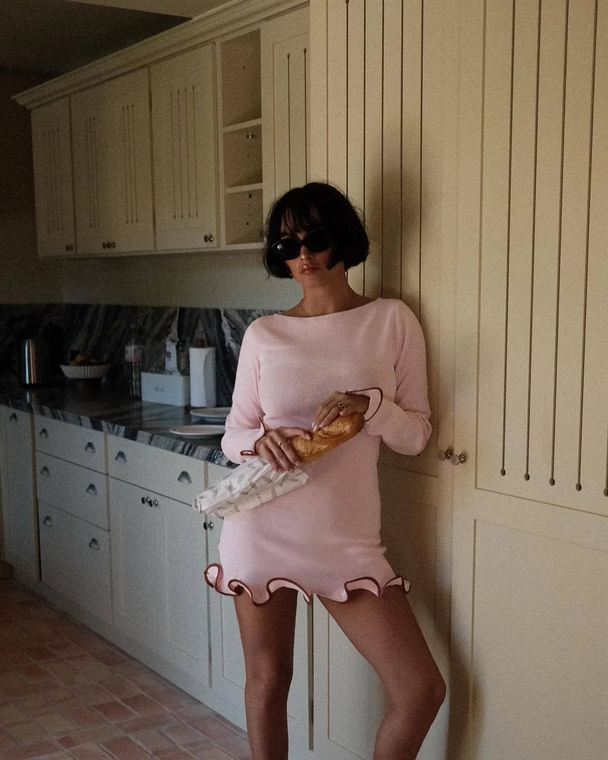 Ruffle Hem Long Sleeve Knit Mini Dress