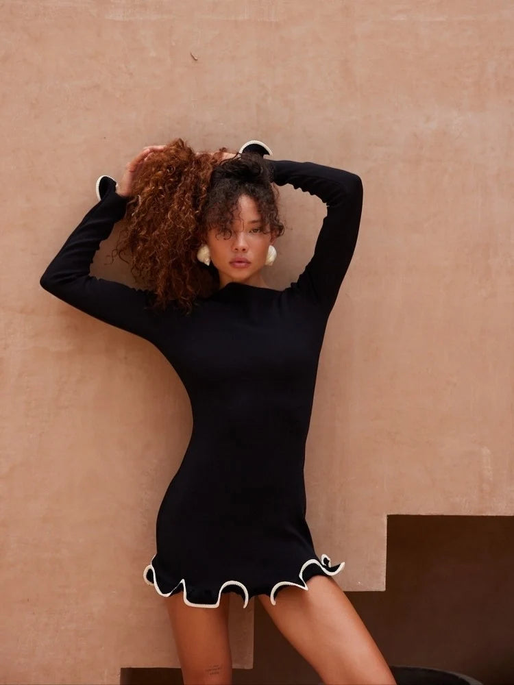 Ruffle Hem Long Sleeve Knit Mini Dress