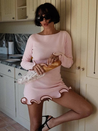 Ruffle Hem Long Sleeve Knit Mini Dress