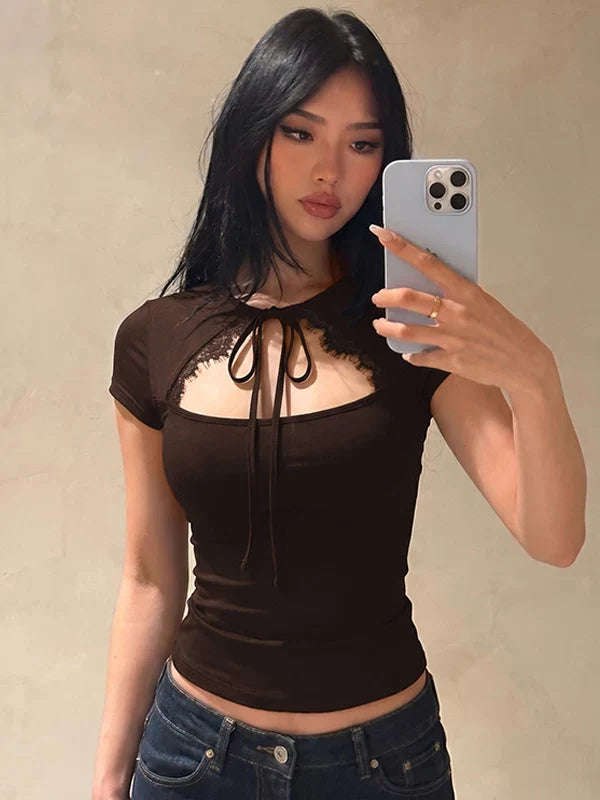 Samaira Lace Cut-Out Short Sleeve Top
