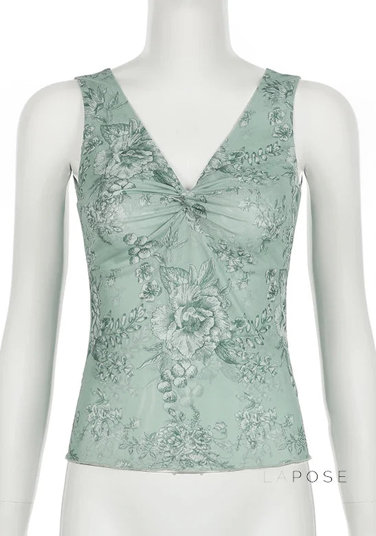 Yehudis Twisted Floral Mesh Top