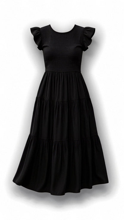 Smocked Round Neck Flutter Sleeve Tiered Midi Dress