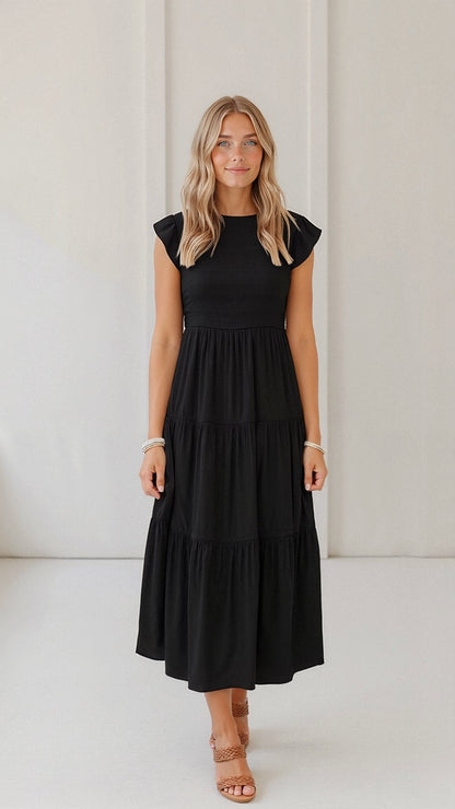 Smocked Round Neck Flutter Sleeve Tiered Midi Dress