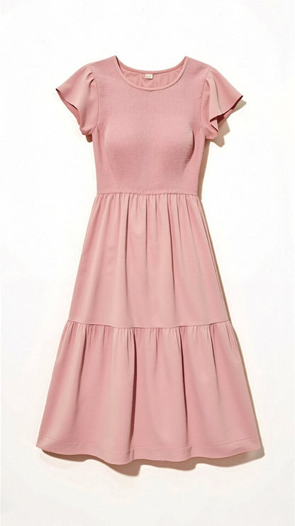 Smocked Round Neck Flutter Sleeve Tiered Midi Dress
