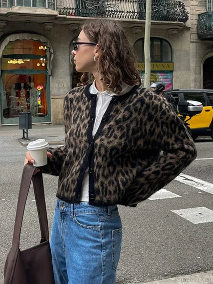 Leopard Print Round Neck Mohair Cardigan