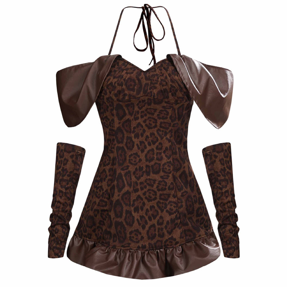Print Halter Faux Leather Wing Ruffle Hem Mini Dress Set