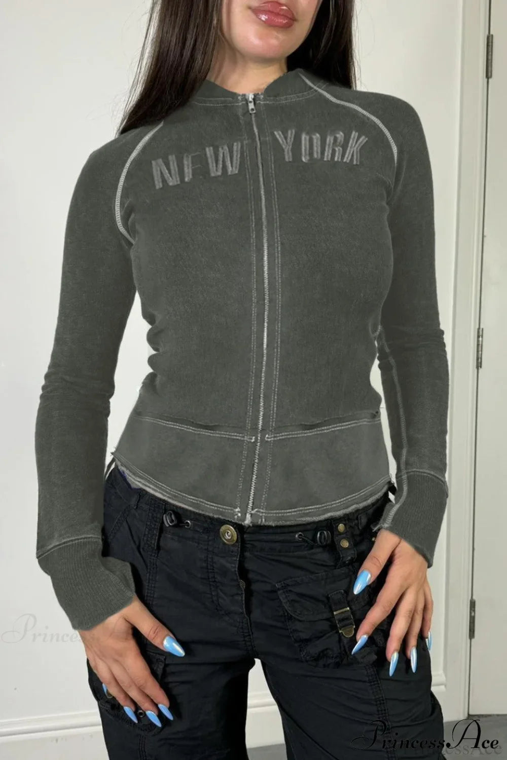 Letter Print Slim Paneled Stand Collar Hoodie