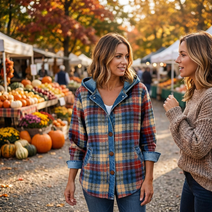 Women’s Contrast Denim Plaid Hooded Jacket