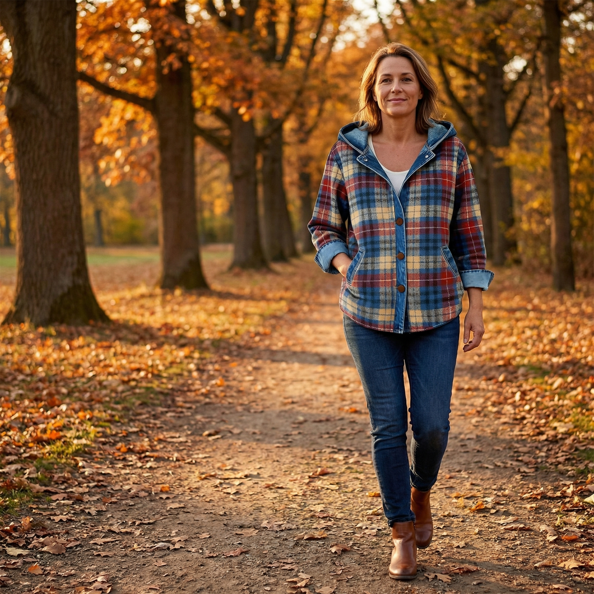 Women’s Contrast Denim Plaid Hooded Jacket