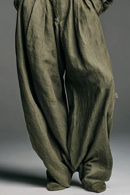 Linen Blend Lapel Long-sleeved Casual Shirt and High-waist Pocket Loose Wide-leg Pants Set