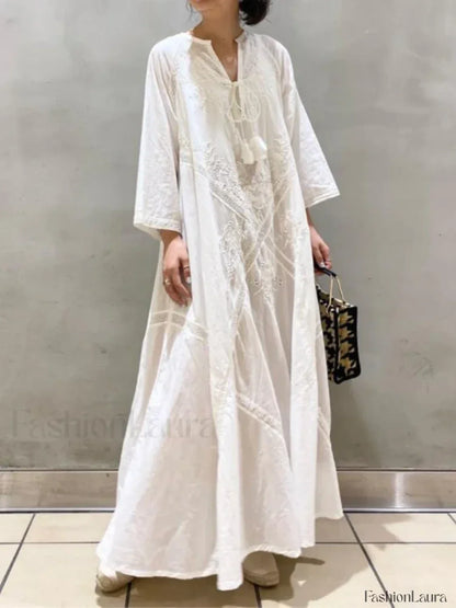 White Linen Lace-up Dress