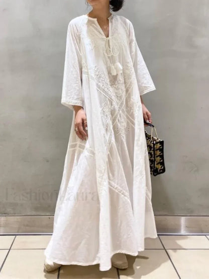 White Linen Lace-up Dress