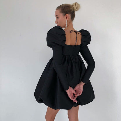 Square Neck Puff Sleeve Babydoll Bubble Hem Mini Dress