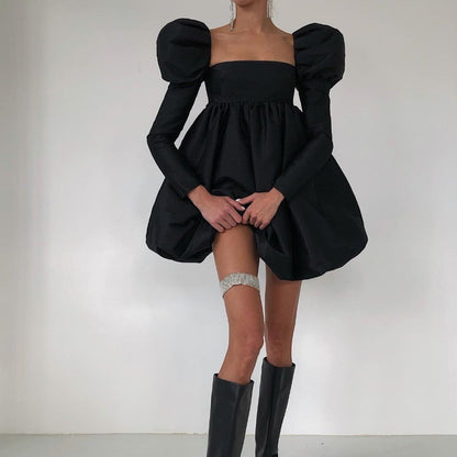 Square Neck Puff Sleeve Babydoll Bubble Hem Mini Dress