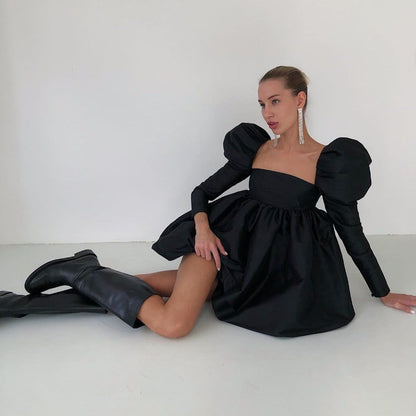 Square Neck Puff Sleeve Babydoll Bubble Hem Mini Dress
