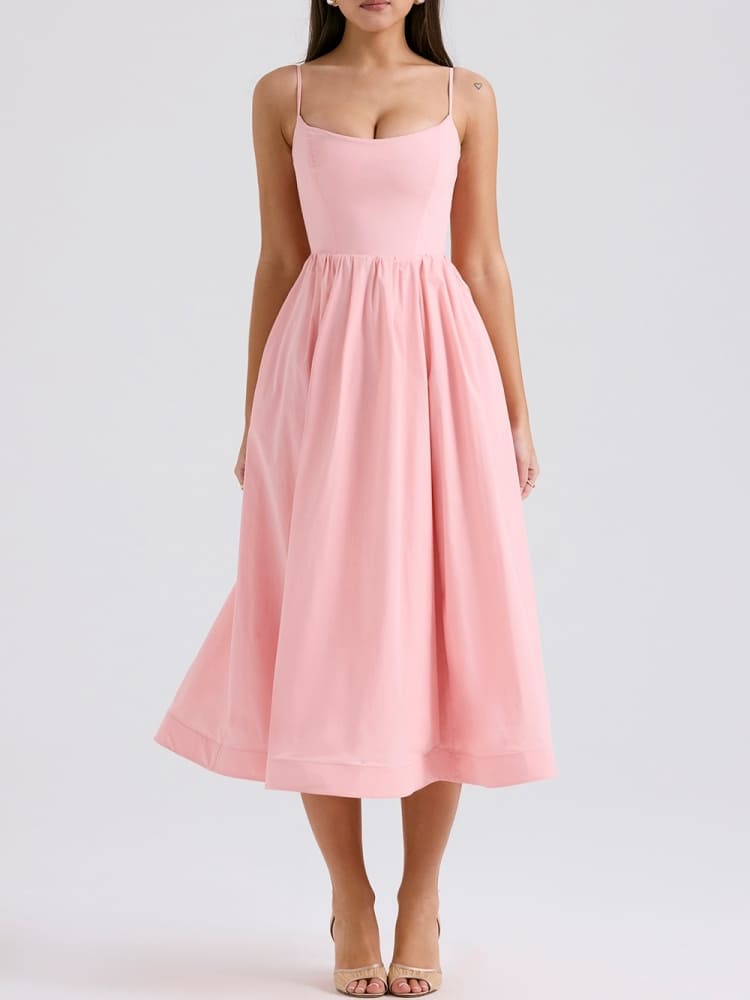 Spaghetti Strap Scoop Neck Gathered Flared Midi Dress