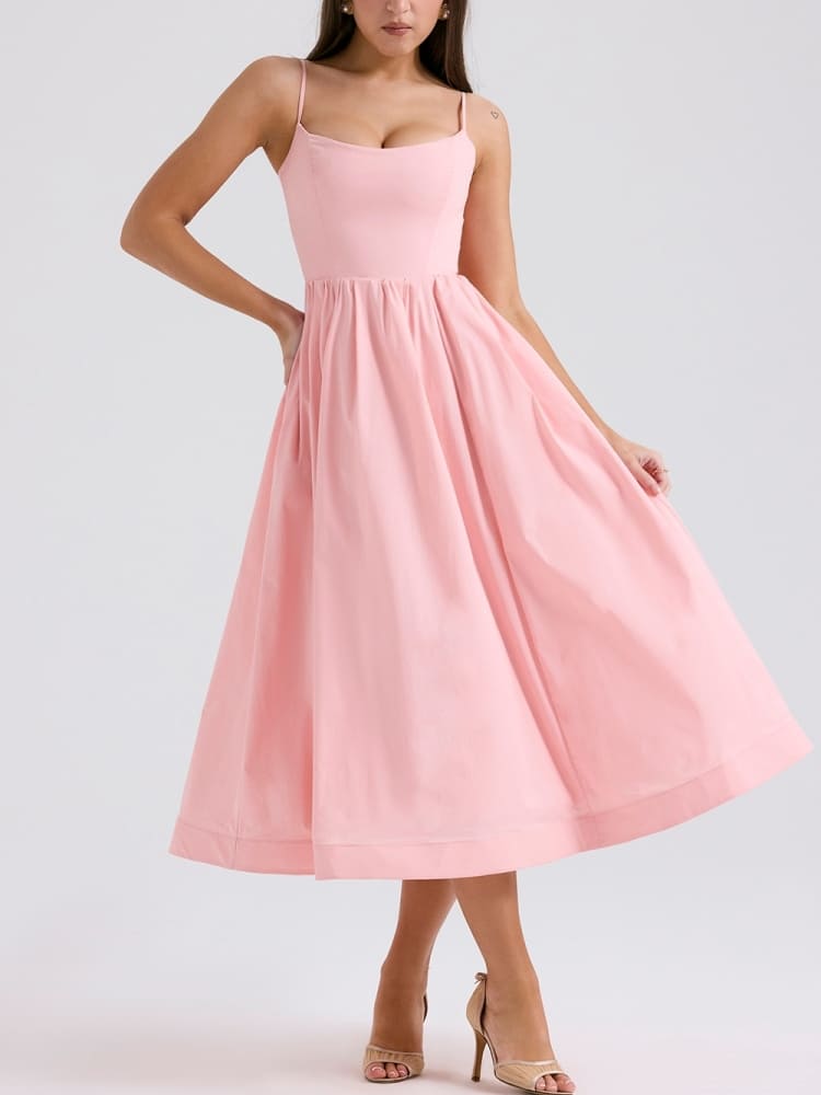 Spaghetti Strap Scoop Neck Gathered Flared Midi Dress