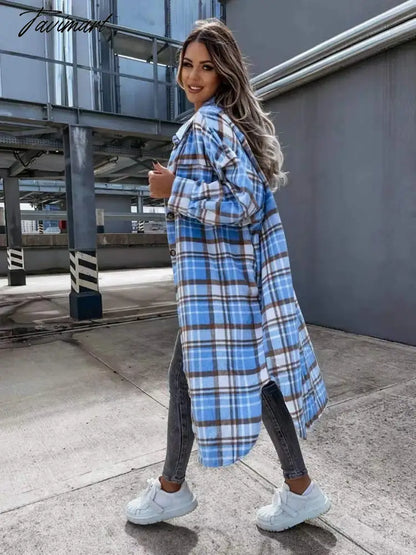 Long Plaid Shirt Coats Women Autumn Oversized Checkered Shirt Female Fashion Vintage Loose Single Breasted Long Cardigans Lady