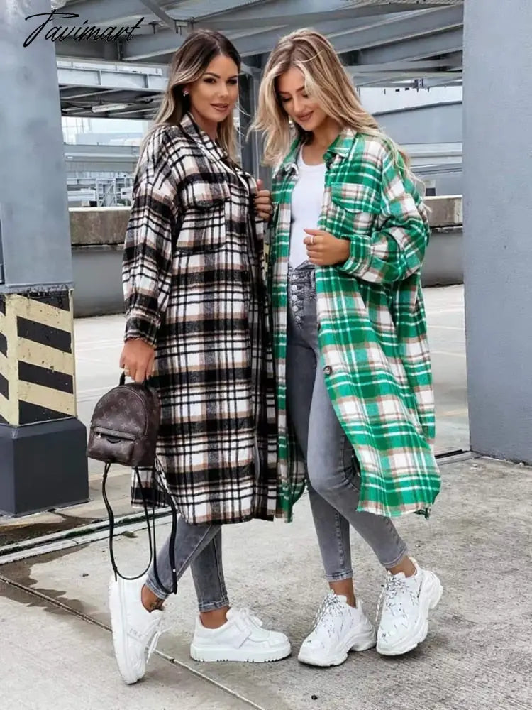 Long Plaid Shirt Coats Women Autumn Oversized Checkered Shirt Female Fashion Vintage Loose Single Breasted Long Cardigans Lady