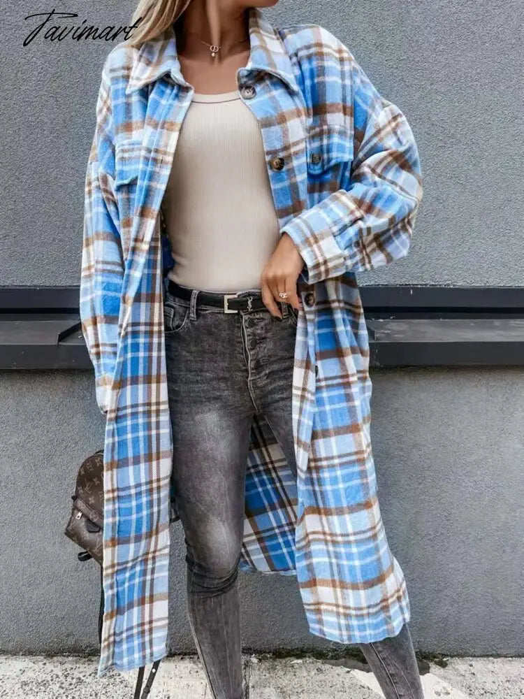 Long Plaid Shirt Coats Women Autumn Oversized Checkered Shirt Female Fashion Vintage Loose Single Breasted Long Cardigans Lady
