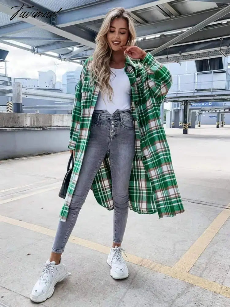 Long Plaid Shirt Coats Women Autumn Oversized Checkered Shirt Female Fashion Vintage Loose Single Breasted Long Cardigans Lady