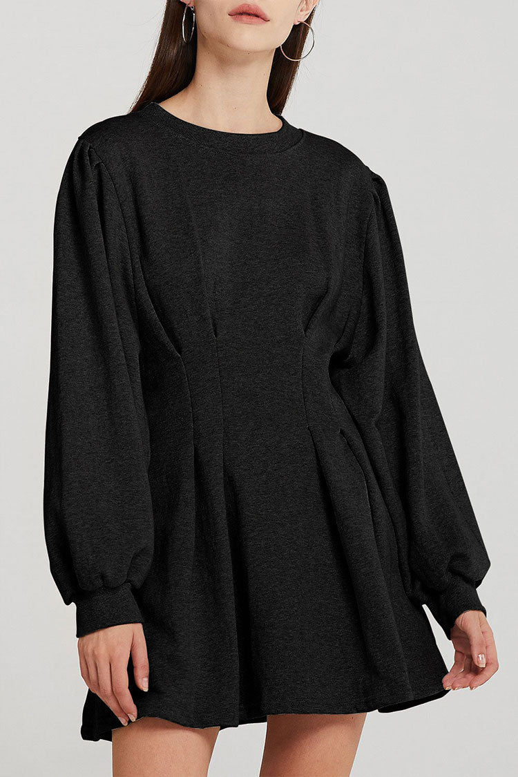 Pleated Waist Puff Sleeve Round Neck Mini Sweatshirt Dress