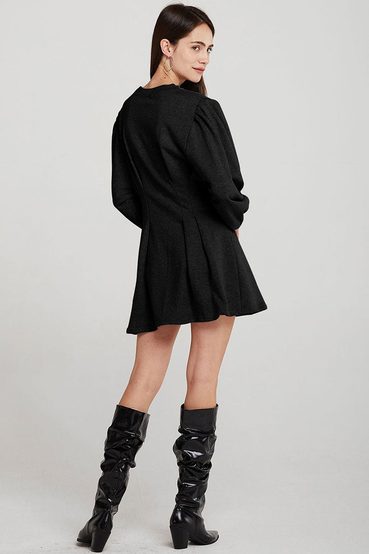 Pleated Waist Puff Sleeve Round Neck Mini Sweatshirt Dress