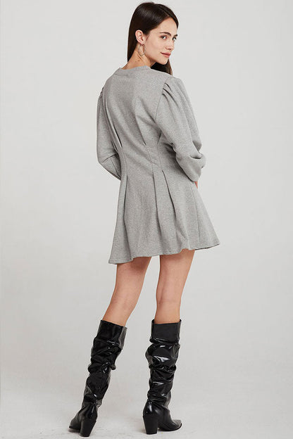 Puff Sleeve Pleated Waist Knit Mini Dress