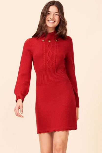 Mock Neck Cable Knit Button Ribbed Waist Mini Dress