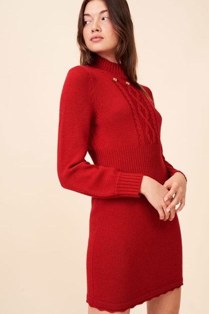 Mock Neck Cable Knit Button Ribbed Waist Mini Dress