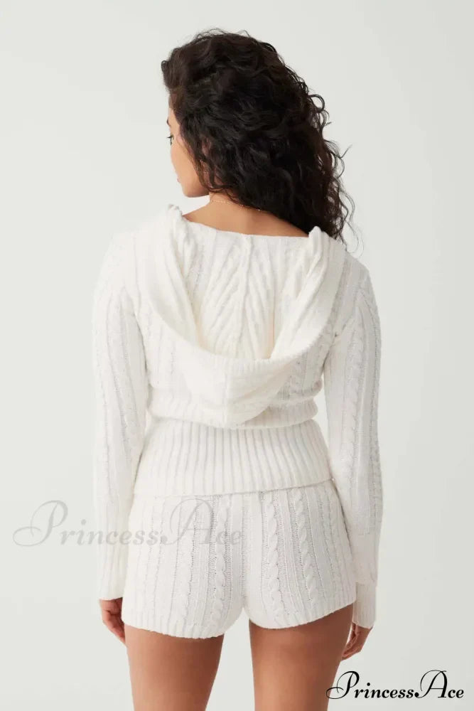 Long Sleeve Knitted V-Neck Graceful Hooded Sweater And Shorts Set