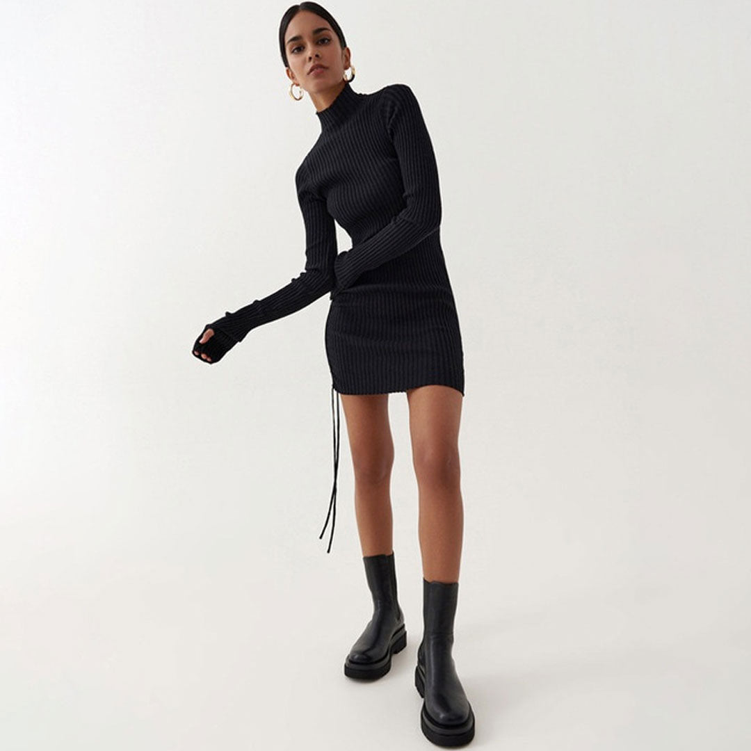 Mock Neck Ribbed Knit Thumbhole Drawstring Side Ruched Sweater Mini Dress
