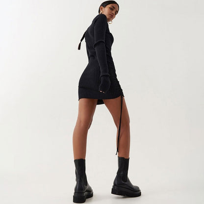 Mock Neck Ribbed Knit Thumbhole Drawstring Side Ruched Sweater Mini Dress