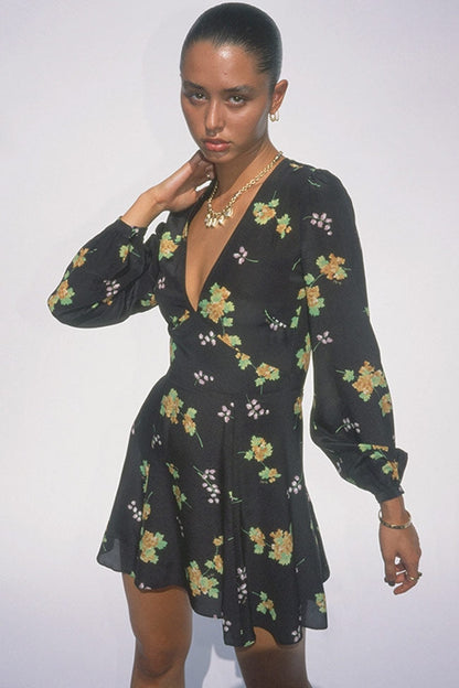 Floral Print Deep V Long Sleeve Fit Flare Mini Dress