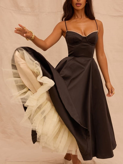 Sweetheart Lace Trim Bustier Tulle Hem Fit and Flare Midi Dress