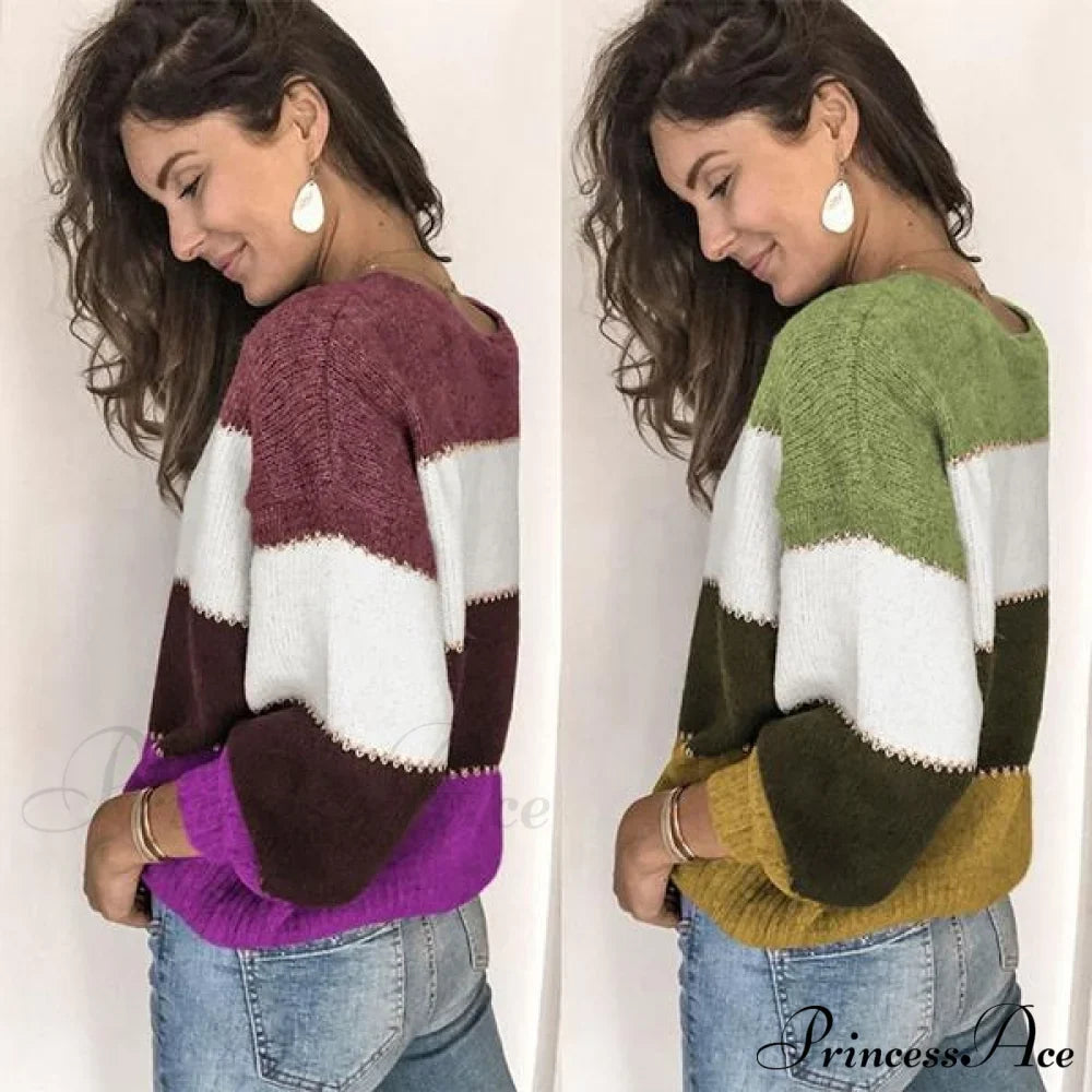 Loose Knitted Patchwork Striped Tops for Pullovers Women