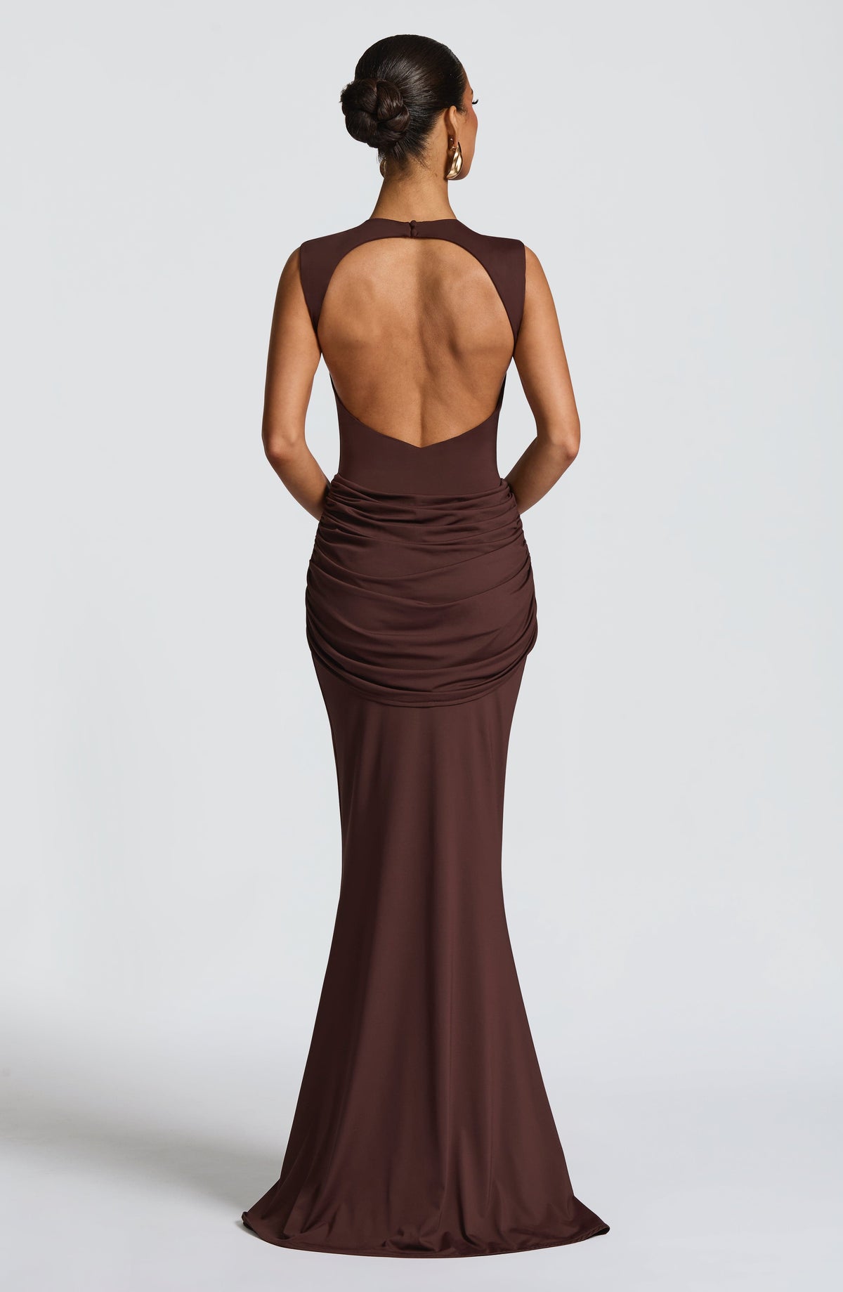 Crew Neck Ruched Hip Twist Drape Front Bodycon Maxi Dress