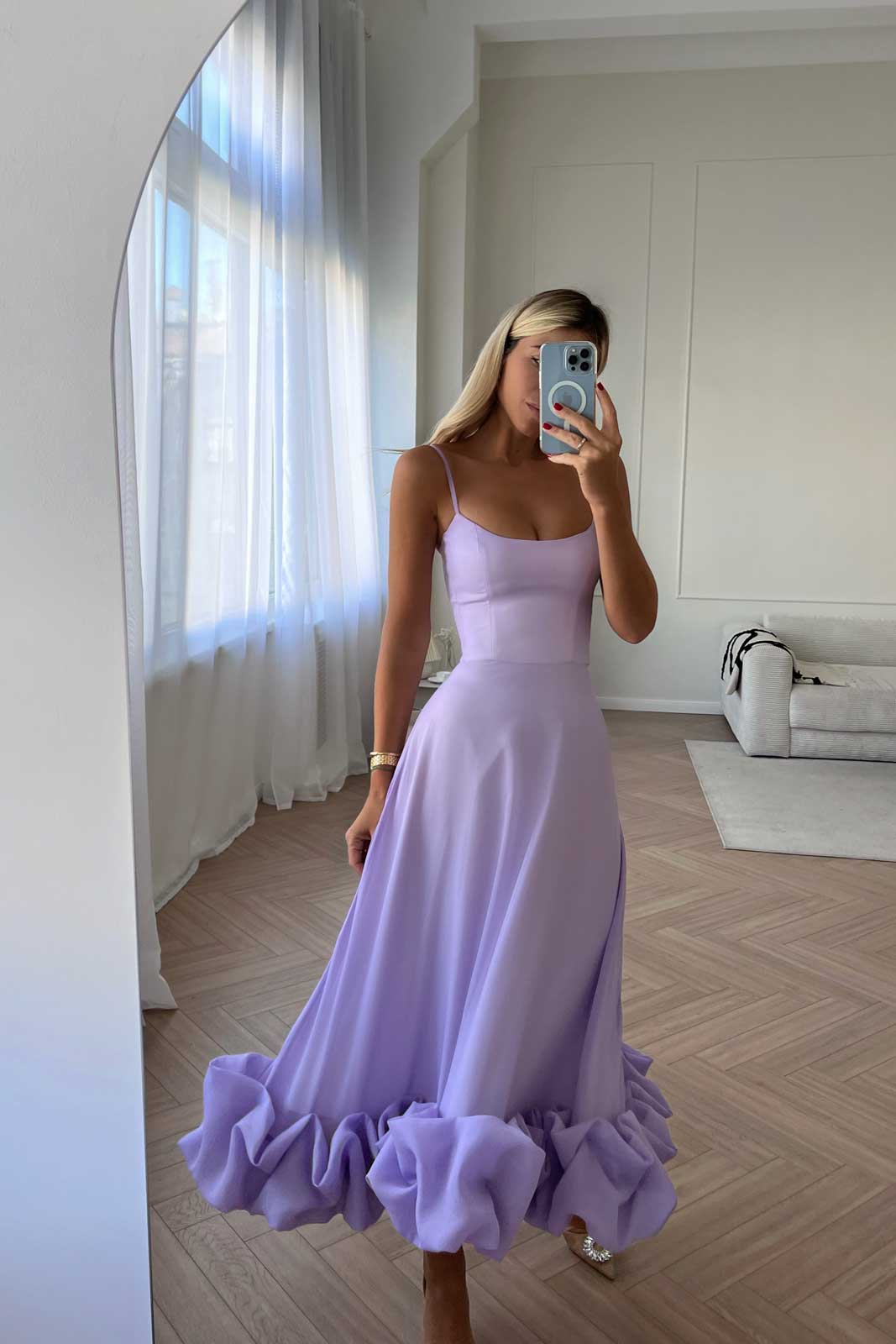 Spaghetti Strap Square Neck Bubble Hem Ruffled Maxi Dress