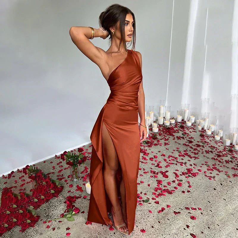 One Shoulder Ruched Satin High Split Column Maxi Gown