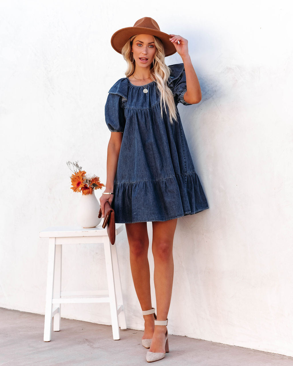 Ruffle Collar Puff Sleeve Tiered Denim Babydoll Mini Dress