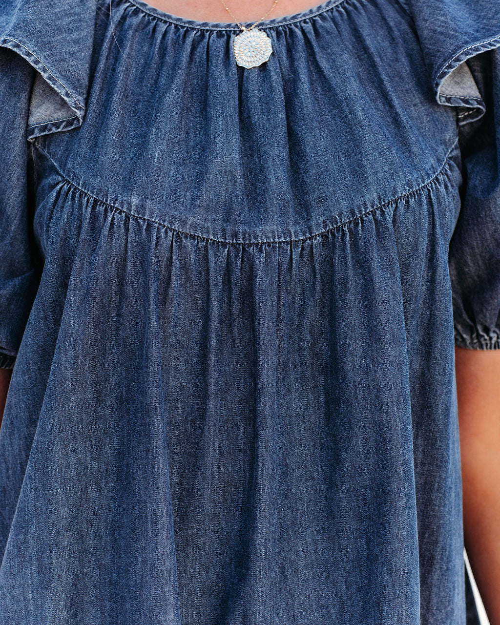 Ruffle Collar Puff Sleeve Tiered Denim Babydoll Mini Dress