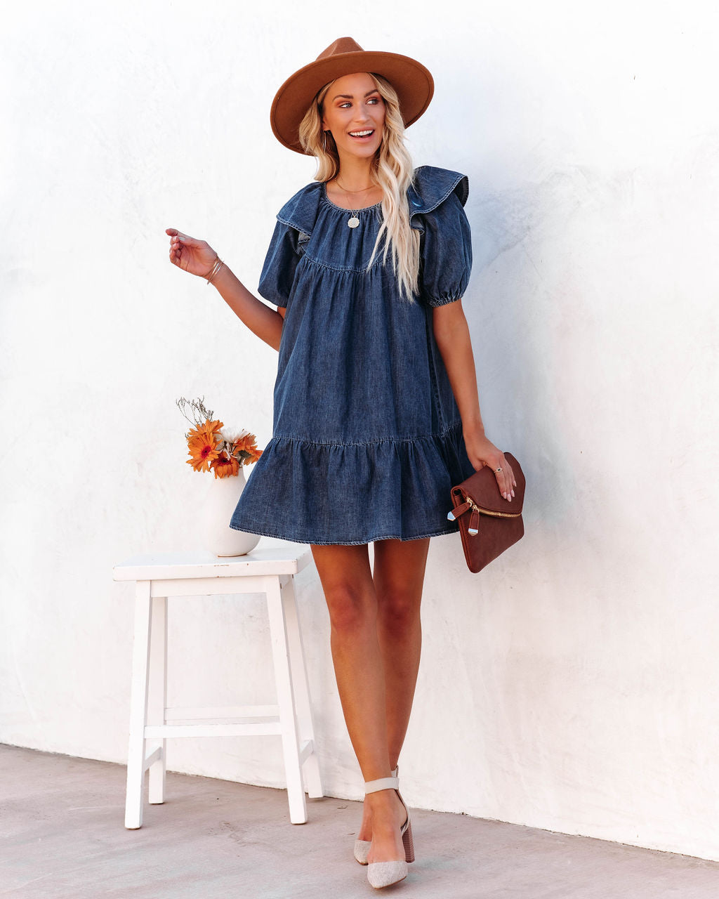 Ruffle Collar Puff Sleeve Tiered Denim Babydoll Mini Dress