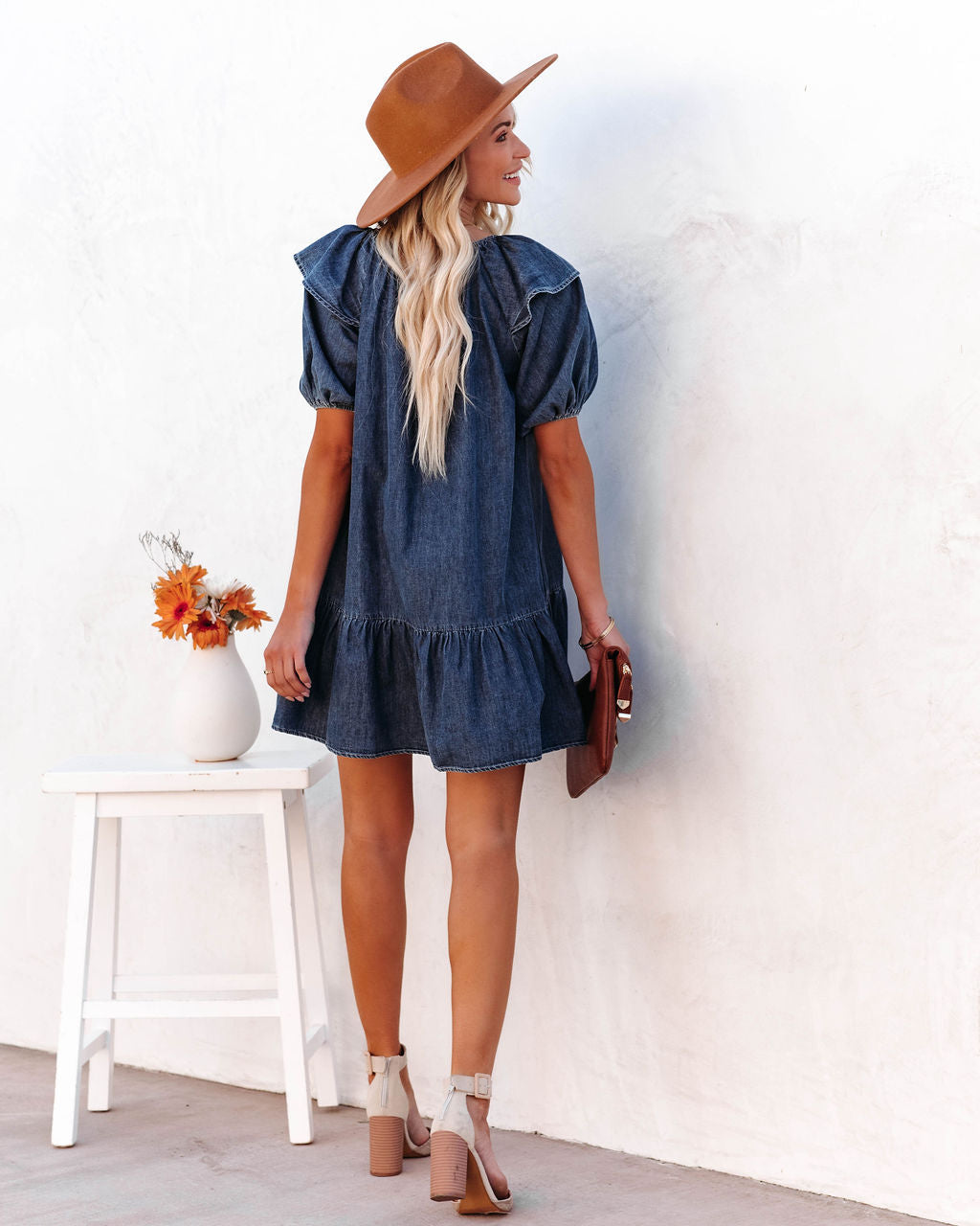 Ruffle Collar Puff Sleeve Tiered Denim Babydoll Mini Dress