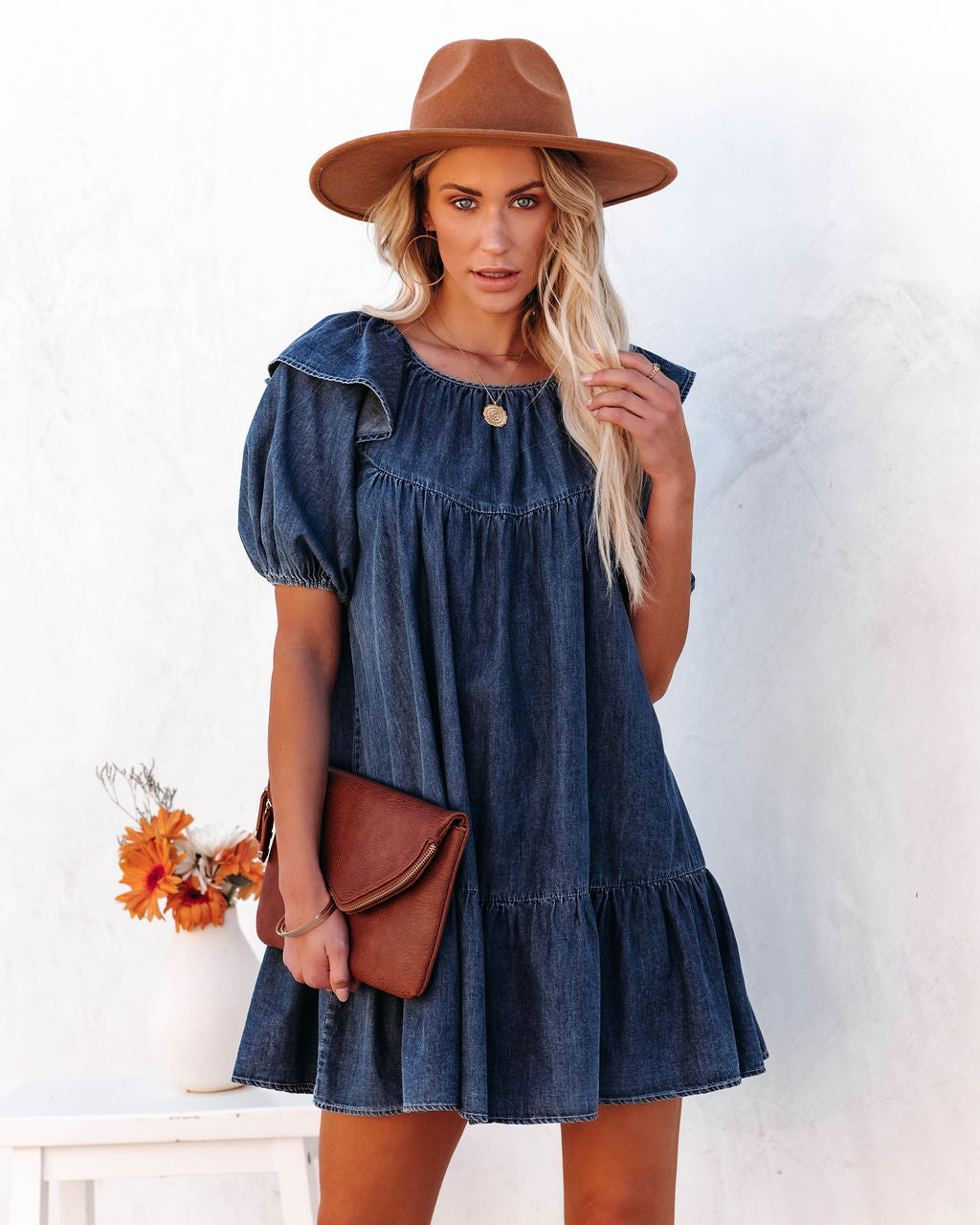 Ruffle Collar Puff Sleeve Tiered Denim Babydoll Mini Dress