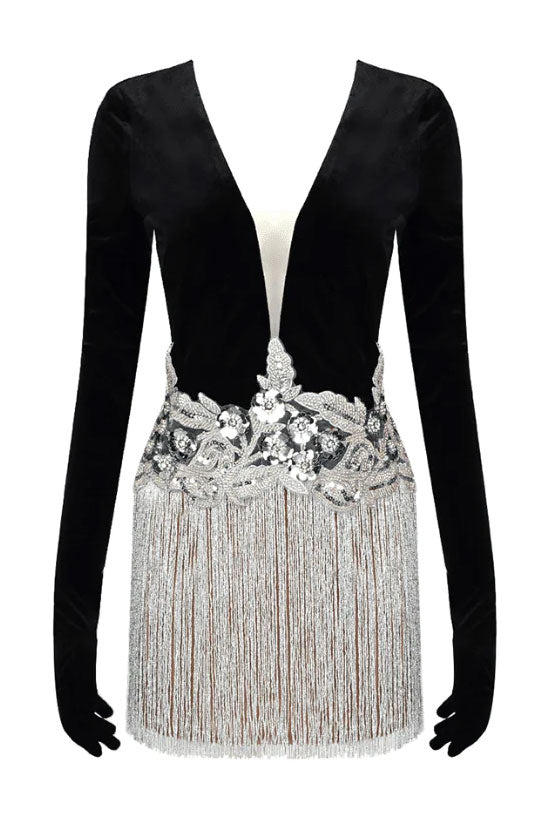 Deep V Mesh Insert Floral Sequin Fringe Embellished Long Sleeve Mini Dress