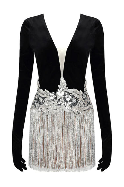 Deep V Mesh Insert Floral Sequin Fringe Embellished Long Sleeve Mini Dress